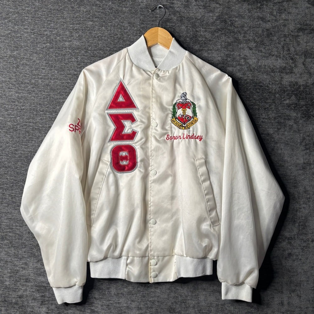 Vintage ASW Jackets Delta Sigma Theta Sorority Bomber Jacket White Satin Small